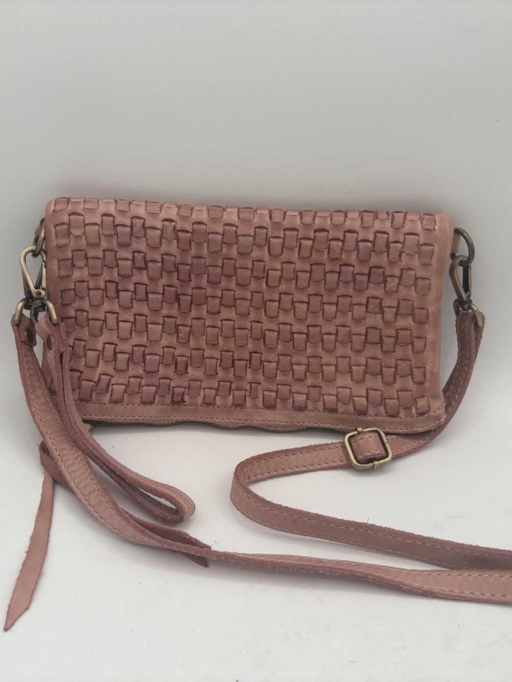 Sundance Pink Distressed Woven Soft Italian Leather Crossbody Wristlet